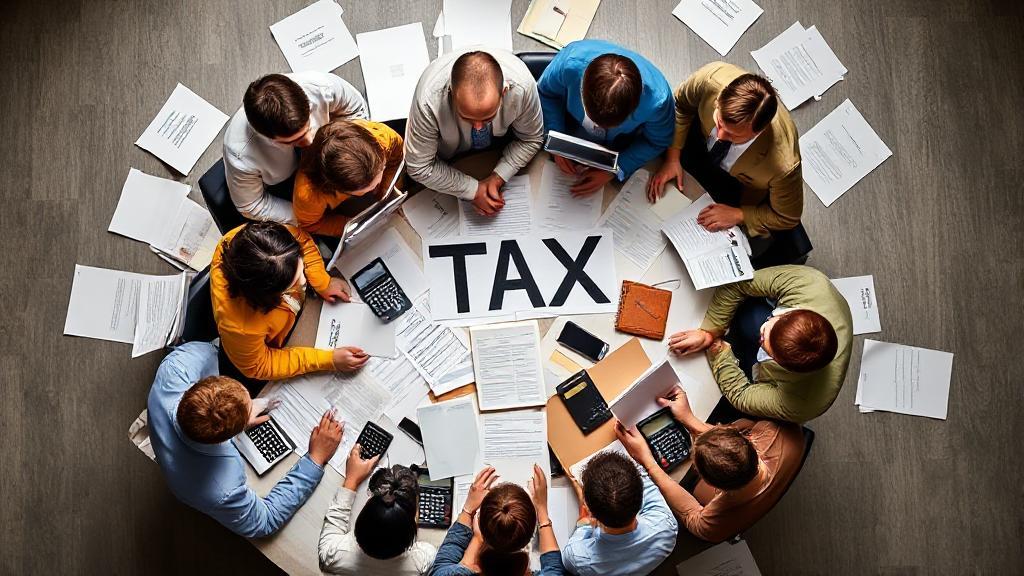 A diverse group of individuals surrounded by tax documents and calculators, symbolizing the complexities of tax obligations.