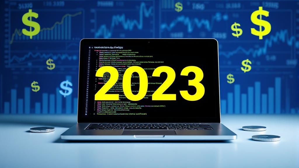 A sleek laptop displaying code, surrounded by financial charts and currency symbols, symbolizing the intersection of technology and earnings in 2023.