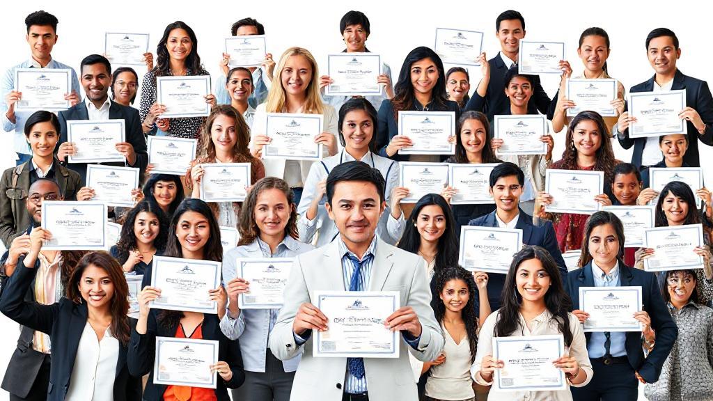 A dynamic collage of diverse professionals holding certificates, symbolizing career advancement and success.