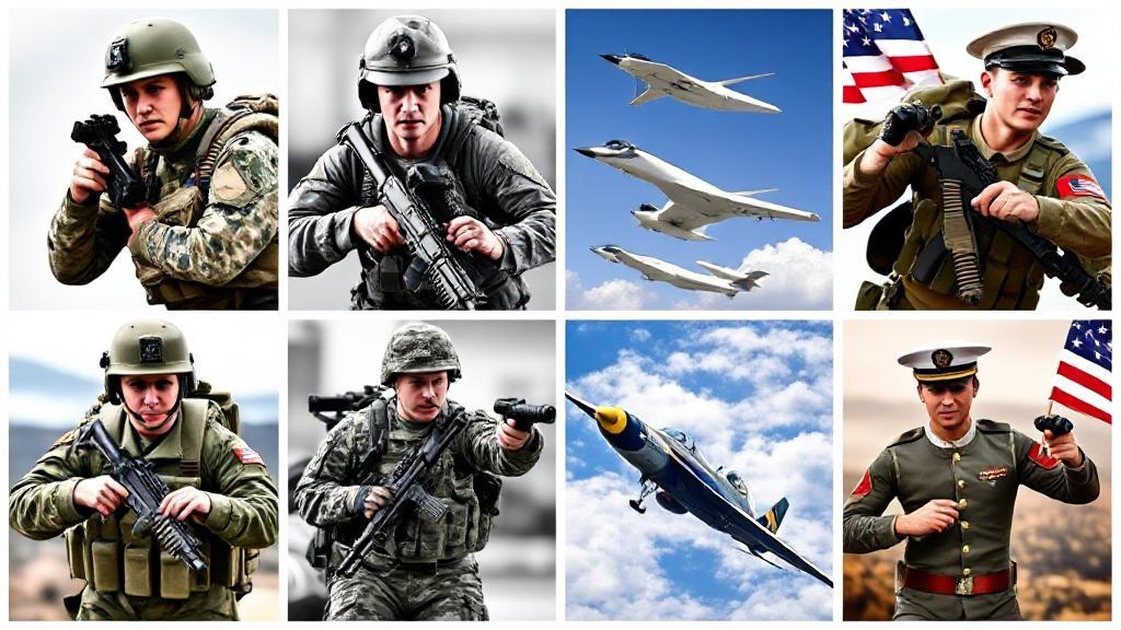 A dynamic collage of soldiers, sailors, airmen, and marines in action, representing the diverse branches of the military.