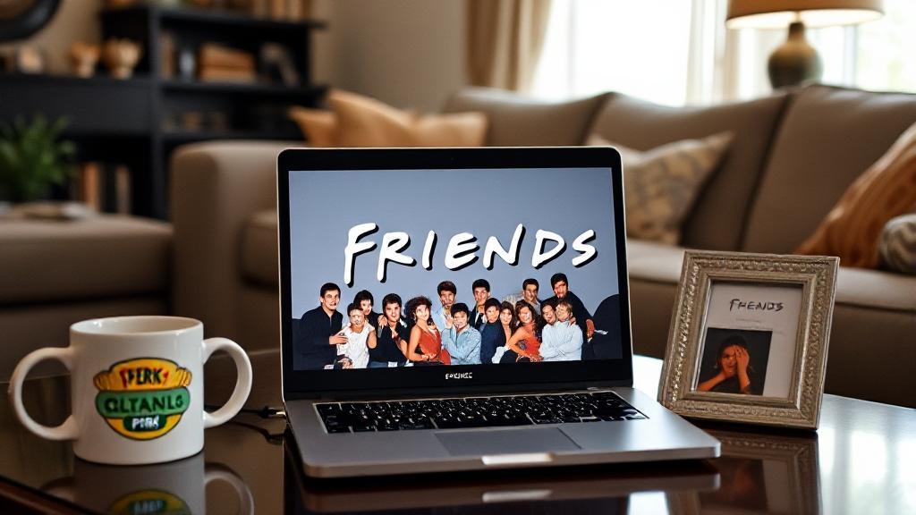 A cozy living room scene with a laptop displaying the "Friends" logo, surrounded by iconic show memorabilia like a Central Perk mug and a picture frame.
