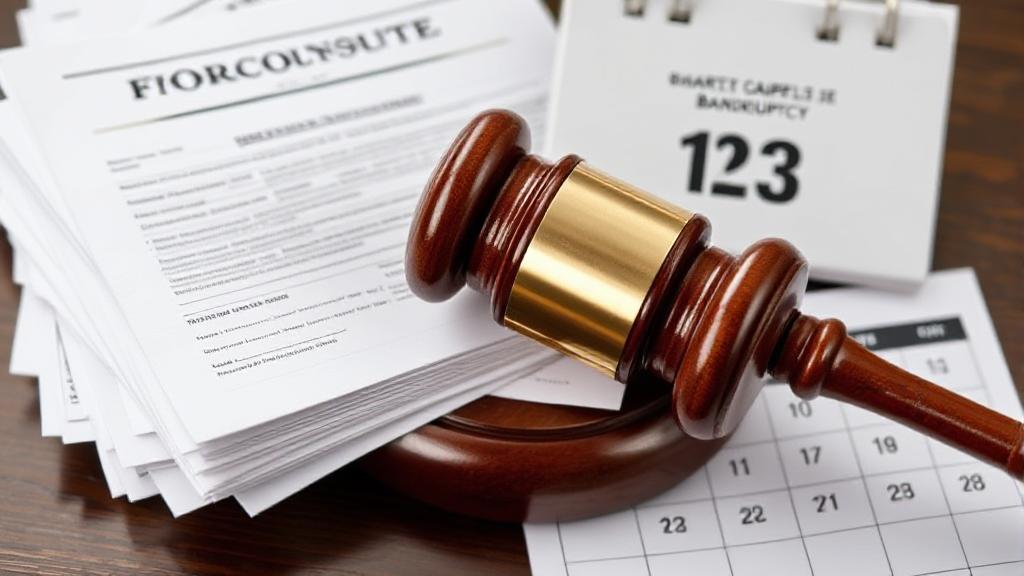 A gavel rests on a stack of foreclosure notices beside a calendar marked with a Chapter 13 bankruptcy filing date.