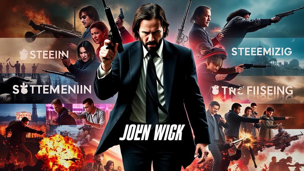 A dynamic collage of action-packed scenes featuring John Wick, set against a backdrop of streaming platform logos.