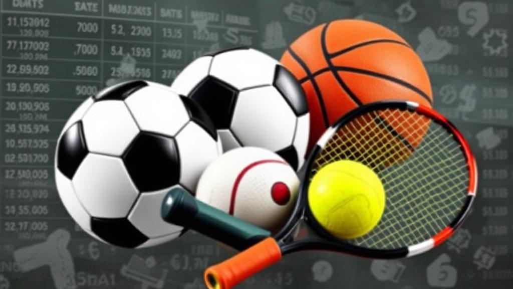 A dynamic collage of various sports equipment, including a football, basketball, and tennis racket, set against a backdrop of betting odds and currency symbols.