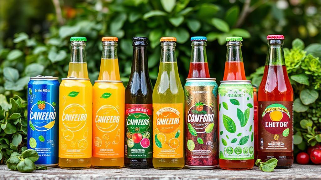 A vibrant assortment of colorful soda cans and bottles, each labeled with health-conscious ingredients, set against a fresh, natural backdrop.