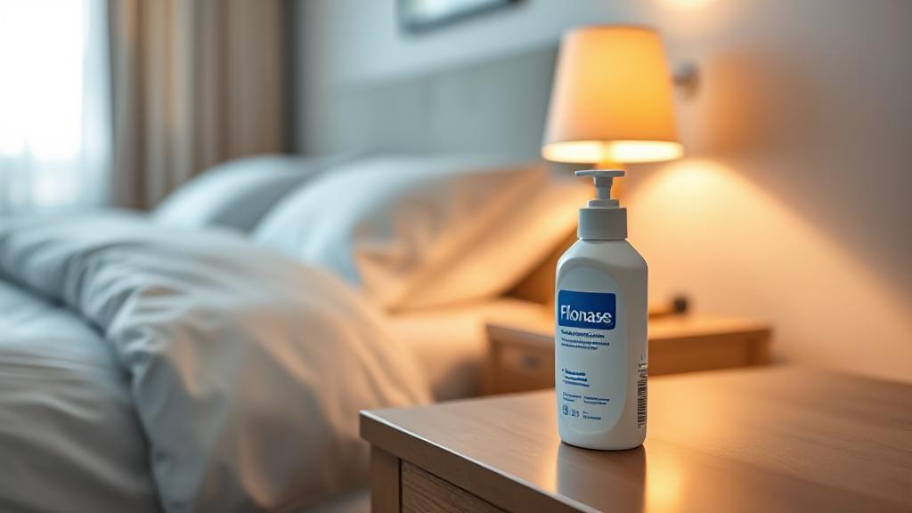 A serene bedroom scene with a bedside table featuring a bottle of Flonase, softly lit by a warm bedside lamp.