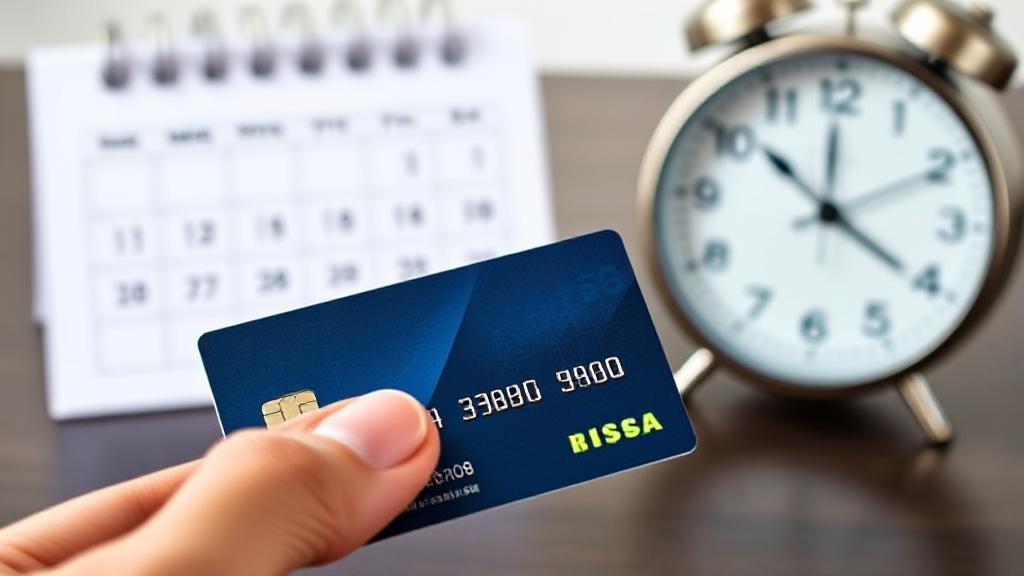 A close-up image of a hand holding a credit card, with a calendar and a clock in the background, symbolizing the waiting period after application.