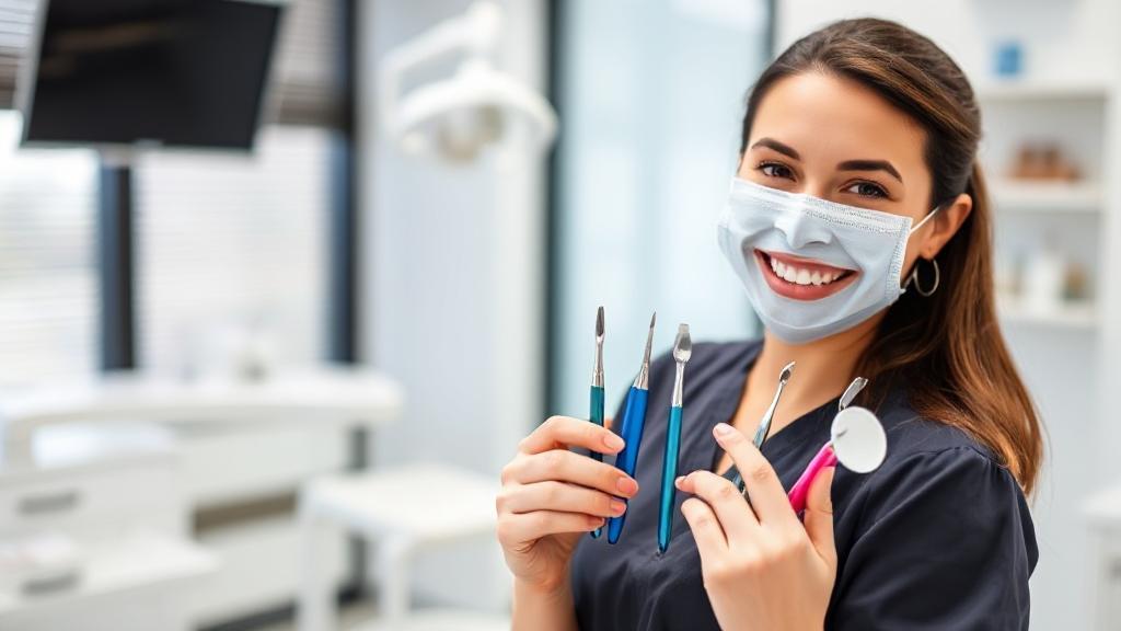 A smiling dental hygienist holding dental tools in a modern clinic setting.