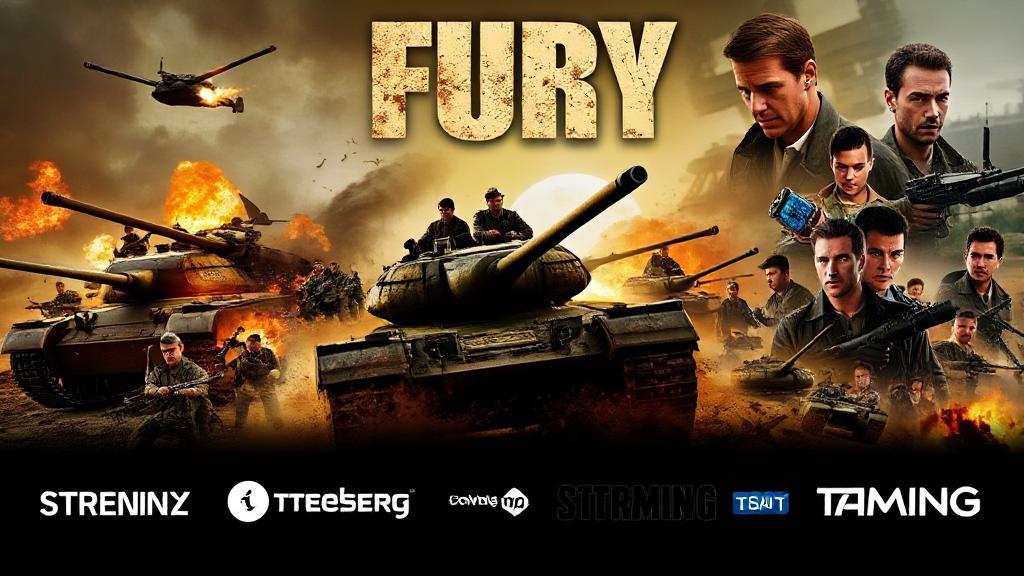 A dynamic collage featuring scenes from "Fury," showcasing intense tank battles and the main cast, set against a backdrop of streaming platform logos.