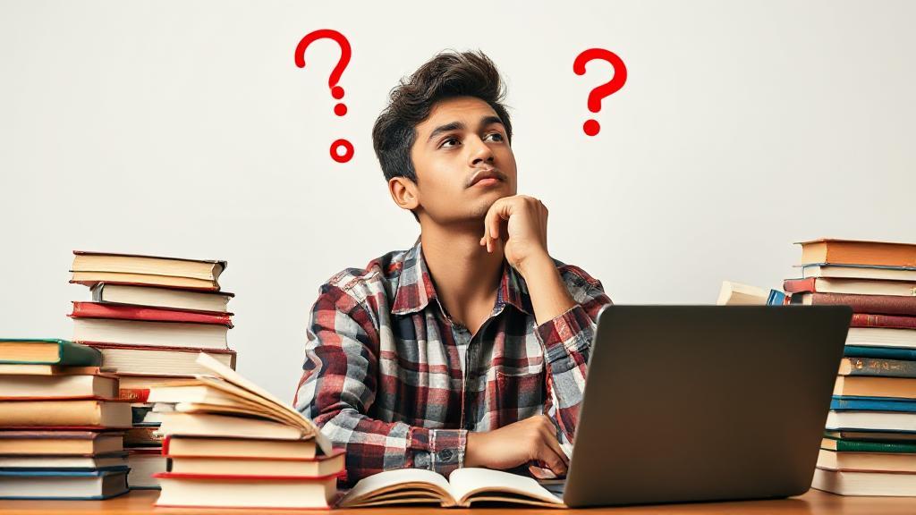 A thoughtful student surrounded by books and a laptop, contemplating their future academic path.