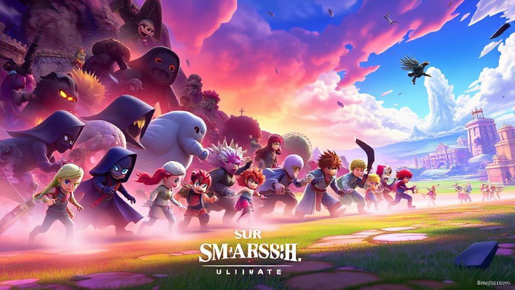 A dynamic collage of hidden Super Smash Bros. Ultimate characters emerging from shadows onto a vibrant battlefield.