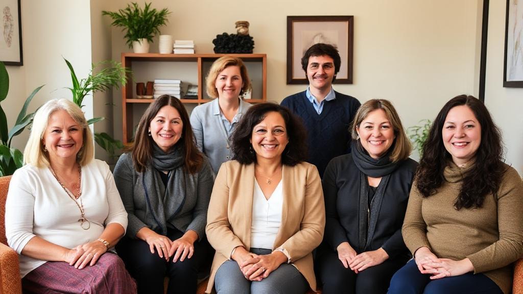 A diverse group of therapists in a welcoming office setting, each representing different therapeutic specialties.