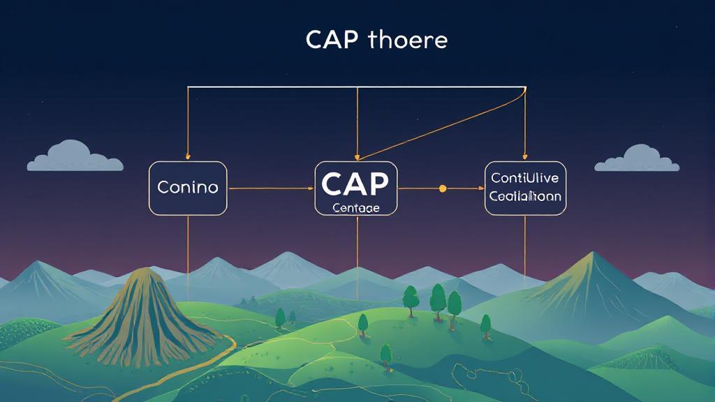 A conceptual illustration depicting the CAP theorem's principles with interconnected nodes representing Consistency, Availability, and Partition Tolerance across various digital landscapes.