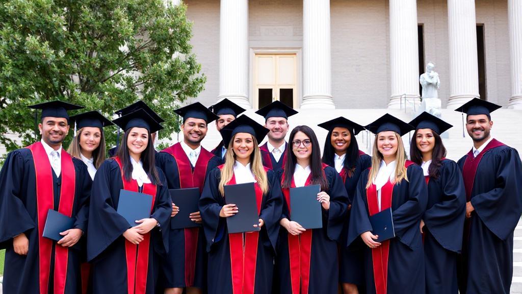 A diverse group of law students in graduation attire, holding diplomas and standing in front of a courthouse.