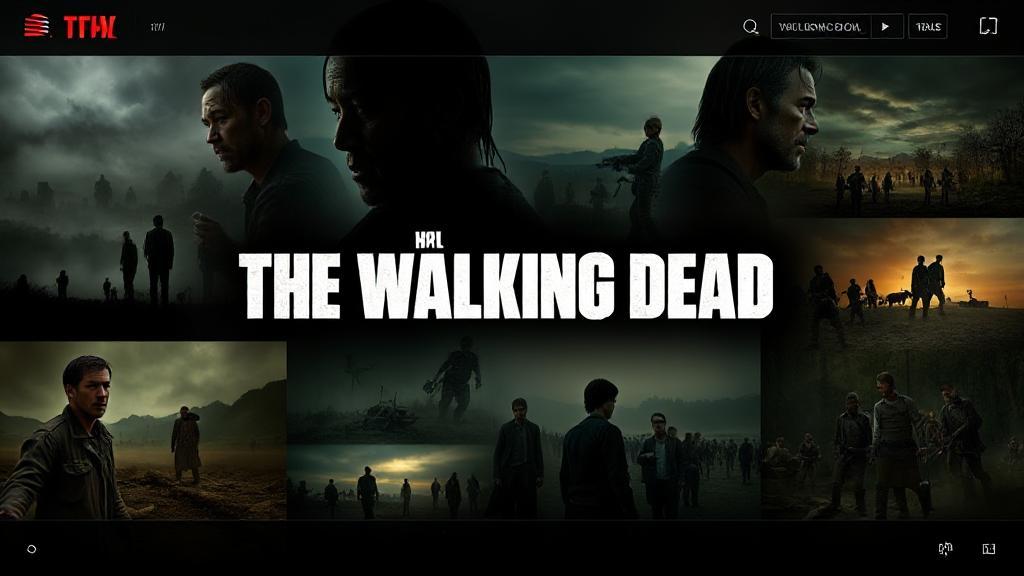 A gripping collage of iconic scenes from "The Walking Dead," featuring the show's main characters and eerie landscapes, set against a backdrop of a digital streaming interface.