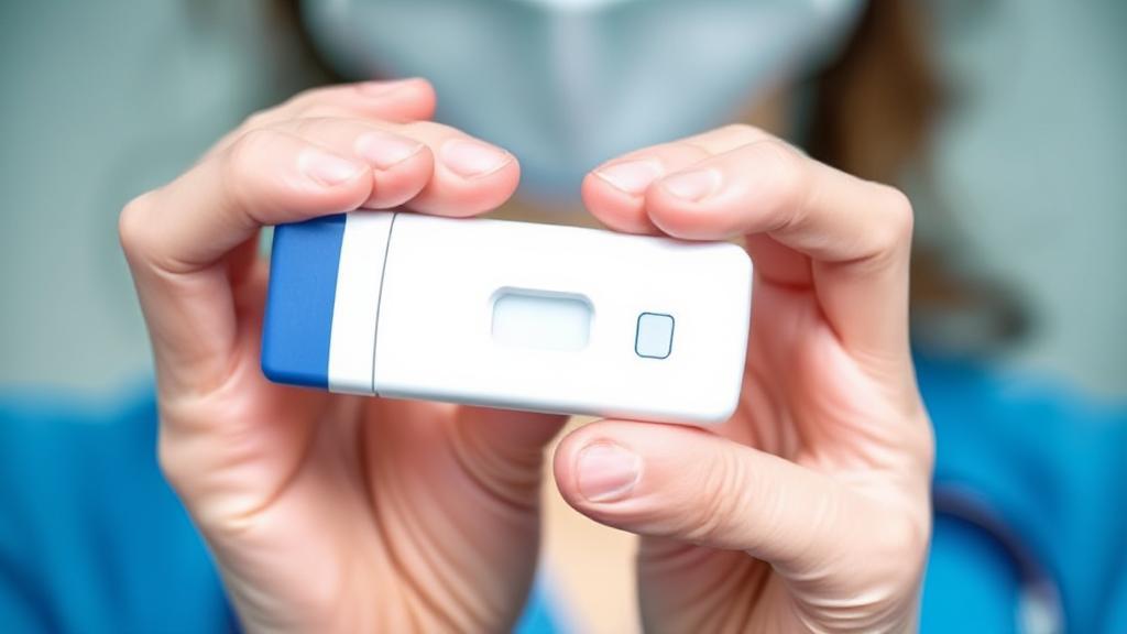 A close-up image of a medical professional holding a rapid strep test kit in a clinical setting.