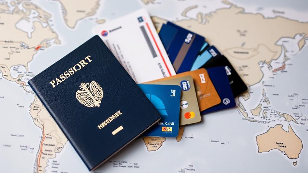 A sleek image of a passport, boarding pass, and a variety of credit cards fanned out on a world map, symbolizing travel and rewards.
