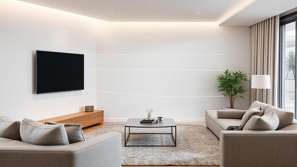 A living room setup featuring a sleek, modern TV mounted on the wall, surrounded by cozy furniture, illustrating the ideal viewing distance and arrangement.