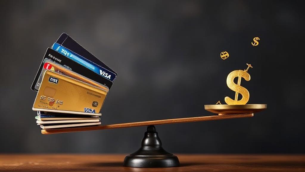 A balanced scale with credit cards on one side and financial symbols on the other, illustrating the pros and cons of having multiple credit cards.