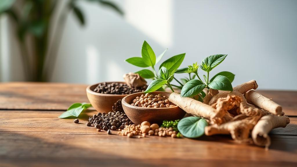 A calming arrangement of adaptogenic herbs like ashwagandha, holy basil, and ginseng on a wooden table, with soft natural light and a serene background, symbolizing stress relief and holistic wellness.