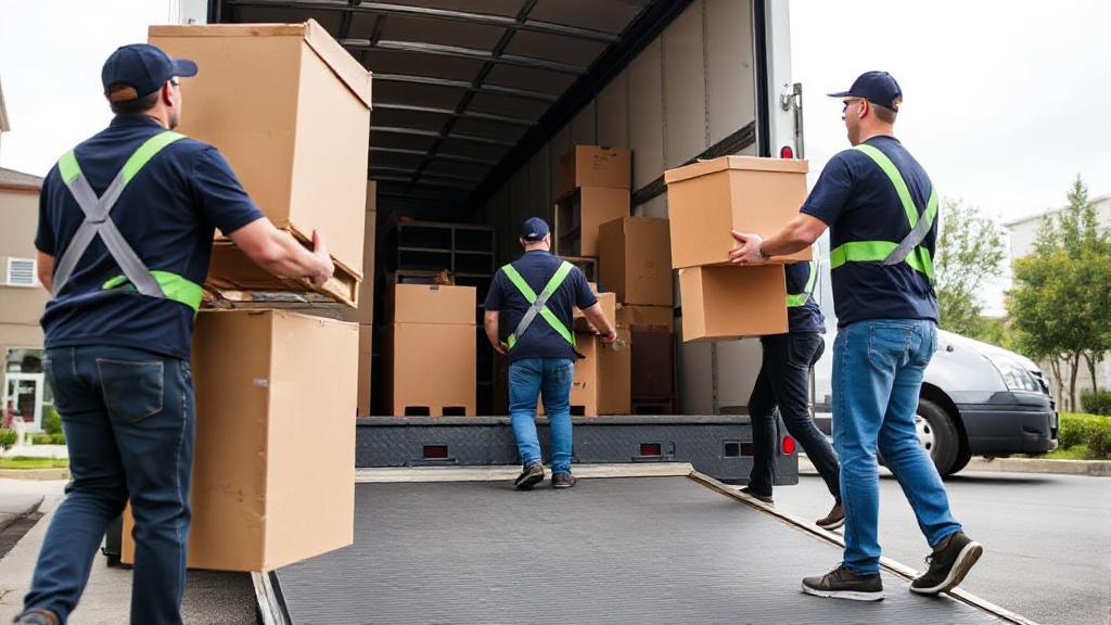 A team of professional movers carefully handling and transporting household items into a moving truck.