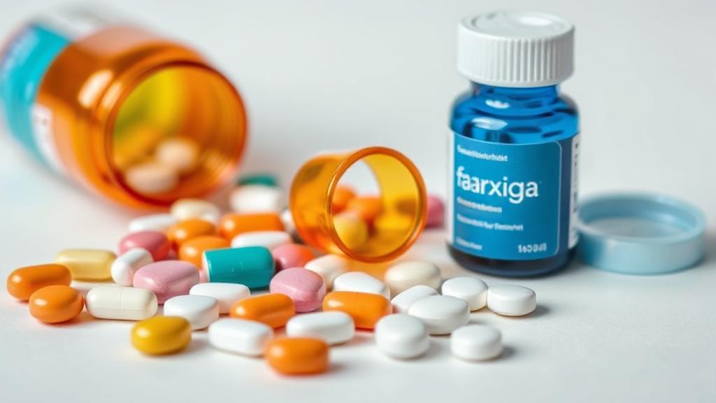 A header image featuring a close-up of various pills and a Farxiga medication bottle against a neutral background.