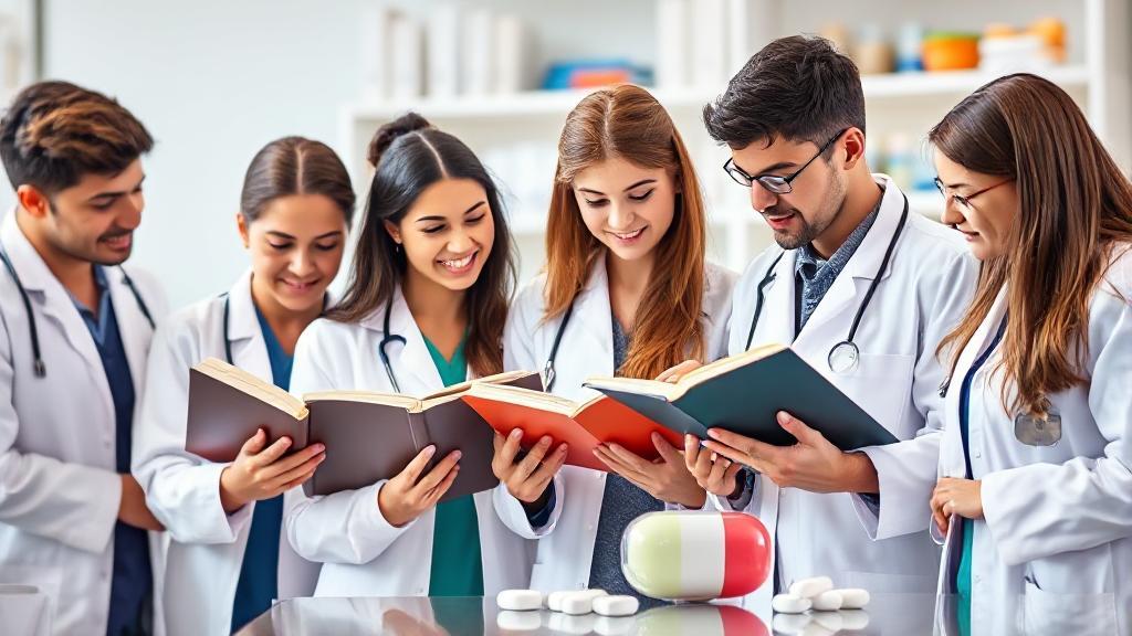 A header image depicting a diverse group of pharmacy students in lab coats studying together with textbooks and a model of a pill, symbolizing the educational journey to becoming a pharmacist.