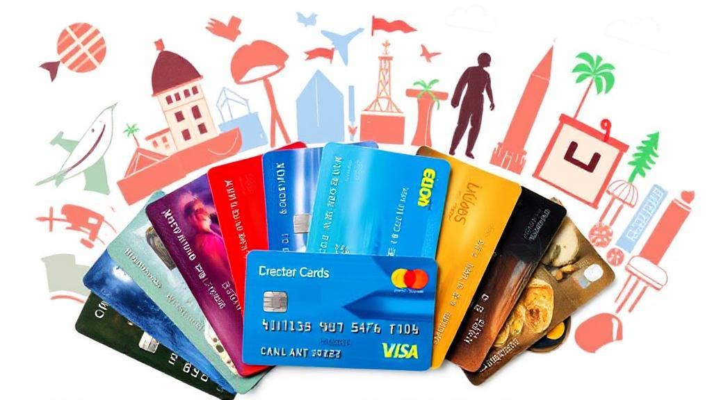 A diverse array of credit cards fan out against a backdrop symbolizing various lifestyles, from travel to shopping and dining.
