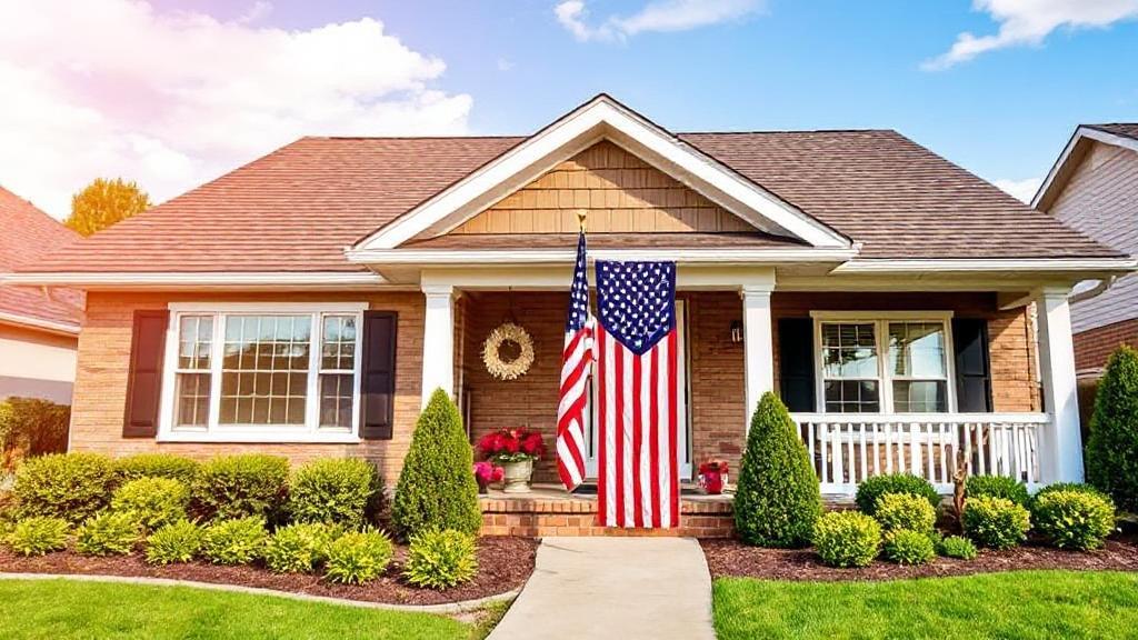 A welcoming suburban home with an American flag, symbolizing the benefits of VA loans for veterans seeking homeownership.