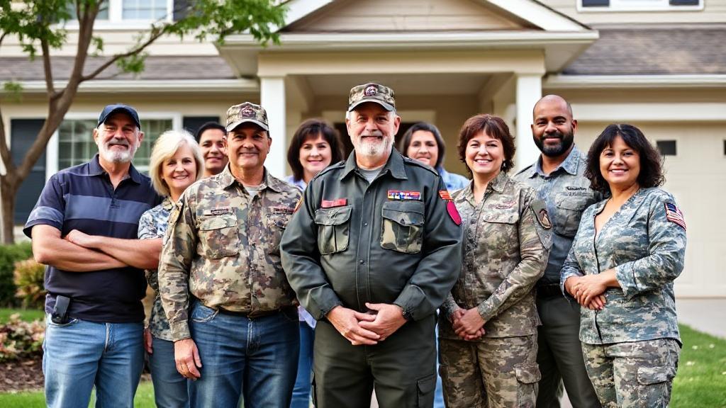A diverse group of military veterans and active service members standing proudly in front of a suburban home, symbolizing homeownership opportunities through VA loans.