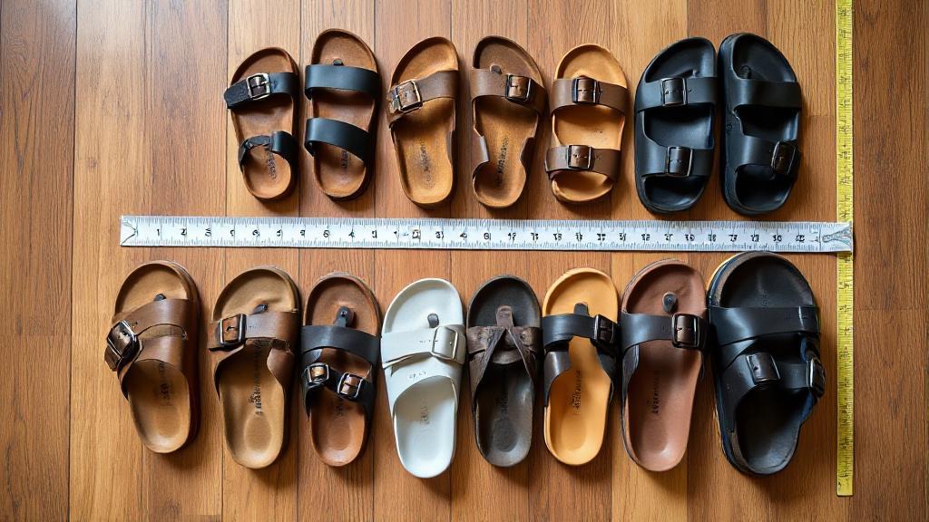 A top-down view of various Birkenstock sandals in different sizes arranged on a wooden floor, with a measuring tape beside them.