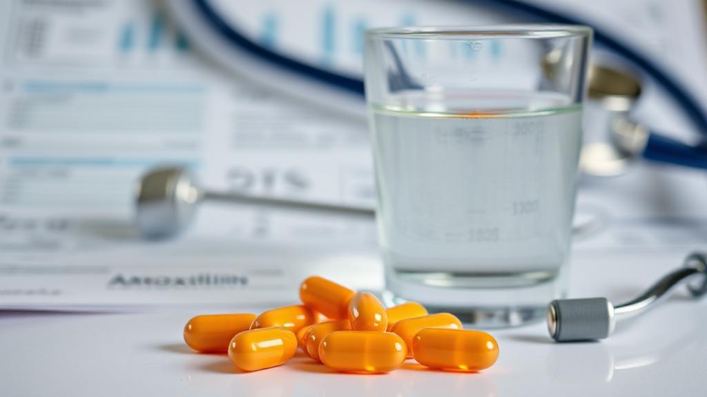 A close-up image of amoxicillin capsules beside a glass of water, set against a backdrop of medical charts and a stethoscope.