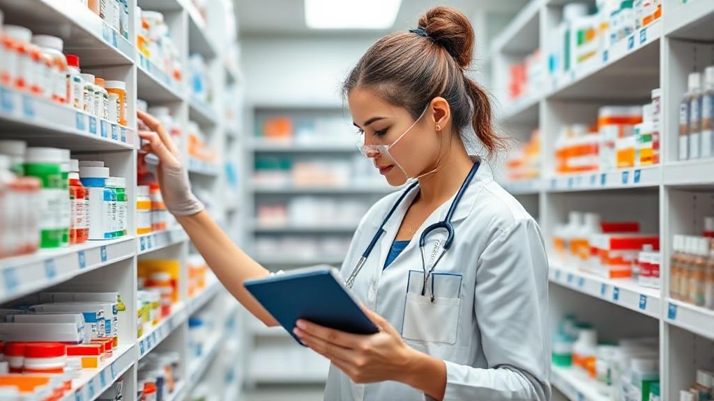 A modern pharmacy setting with a focused pharmacy technician organizing medications on shelves, symbolizing career growth and opportunities in 2023.