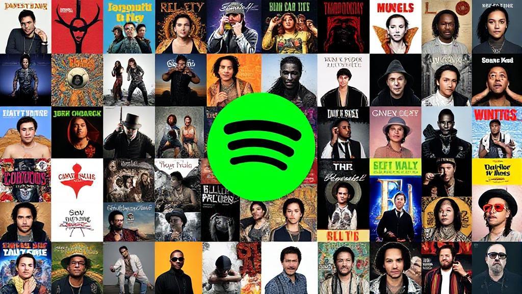 A vibrant collage of popular album covers and artist portraits, centered around Spotify's iconic green logo.