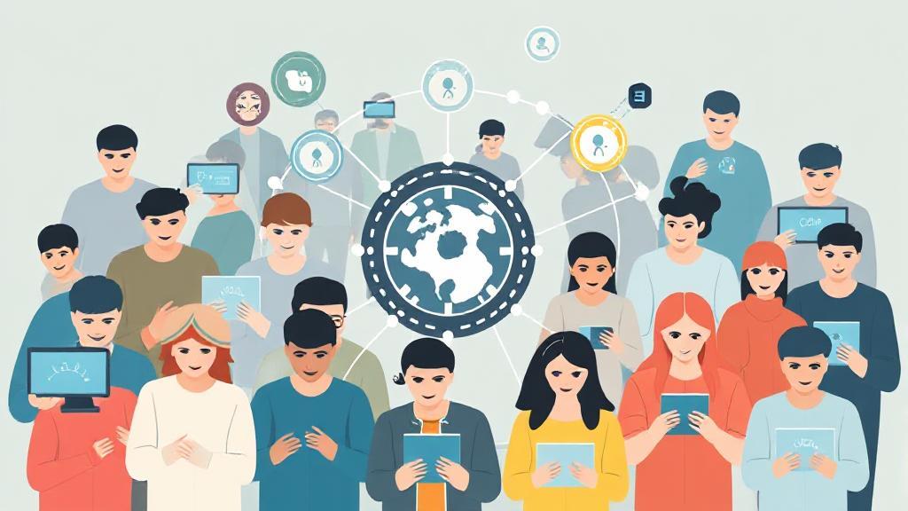 A diverse group of people using various devices to connect to the internet, symbolizing universal access and connectivity.