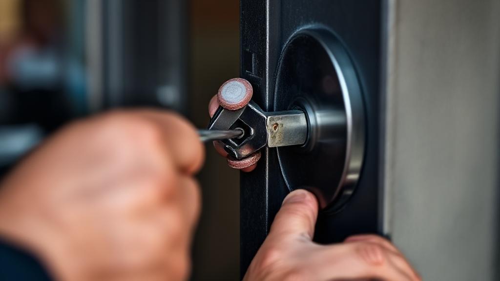 A close-up image of a locksmith's hands skillfully using professional tools to unlock a door, emphasizing precision and expertise.