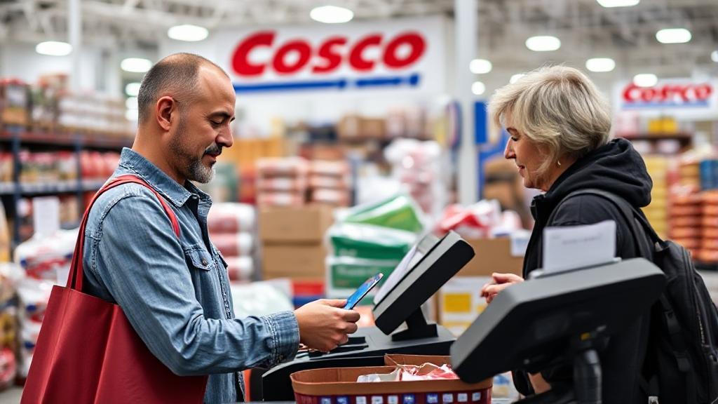 A shopper swipes a credit card at a Costco checkout, surrounded by bulk items and a bustling store environment.