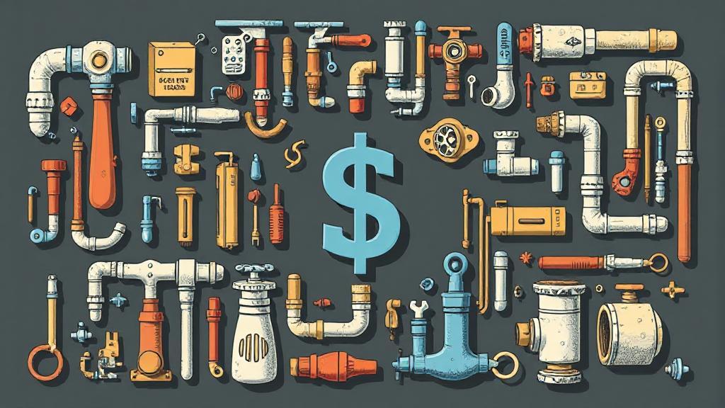 A detailed illustration of various plumbing tools and pipes arranged around a central dollar sign.