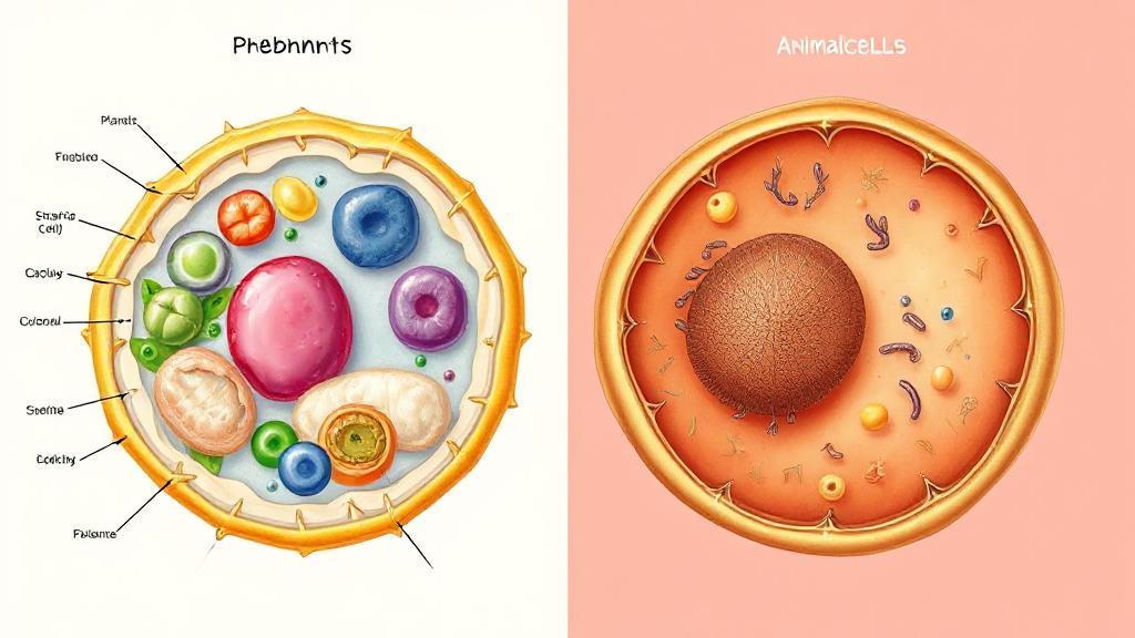A detailed illustration of a plant and animal cell side by side, highlighting key organelles and structures.