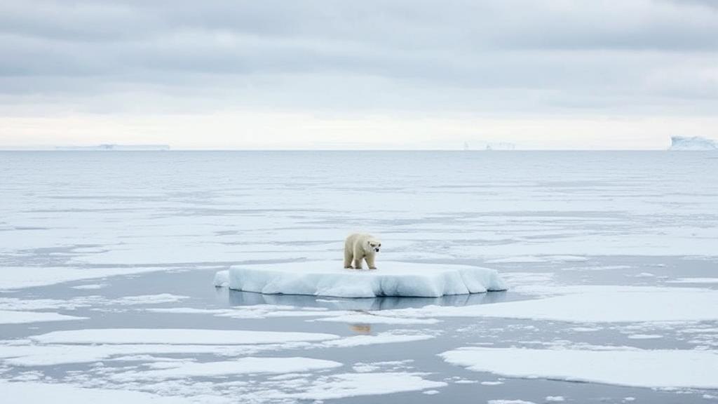 A solitary polar bear stands on a shrinking ice floe, surrounded by vast, melting Arctic waters under a somber, overcast sky.