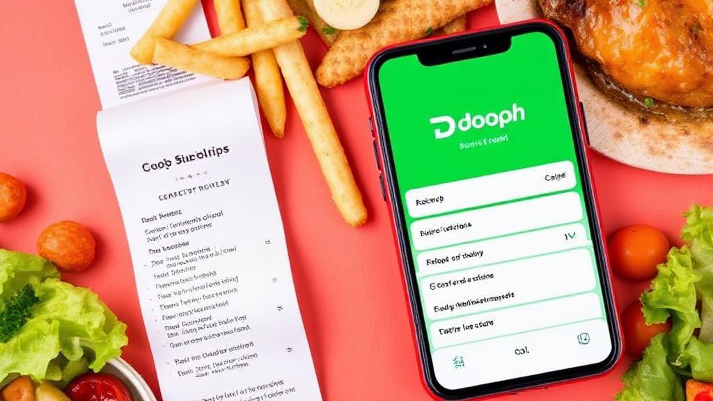A vibrant image of a smartphone displaying the DoorDash app, surrounded by food delivery items and a receipt highlighting various fees and charges.