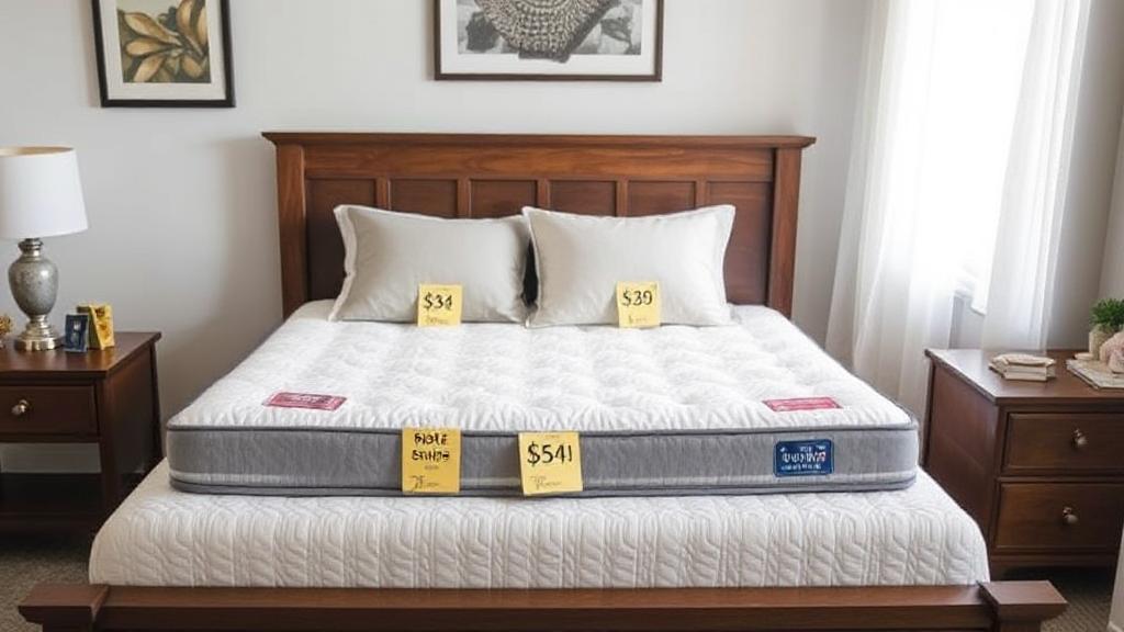 A cozy bedroom scene featuring a neatly made bed with a variety of mattress options and price tags, symbolizing the decision-making process for budgeting a mattress purchase.