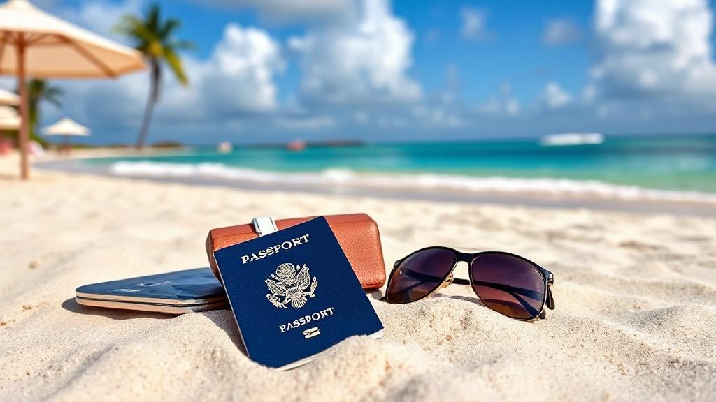 A vibrant beach scene in the Dominican Republic with a passport and travel essentials laid out on the sand.