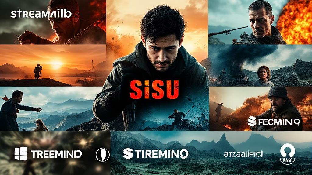 A dynamic collage featuring scenes from the movie "Sisu," showcasing intense action and dramatic landscapes, set against a backdrop of streaming platform logos.