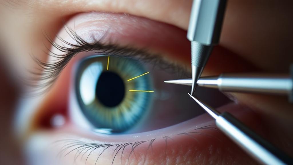 A close-up image of a patient's eye with surgical markings, highlighting precision tools used in LASIK surgery.