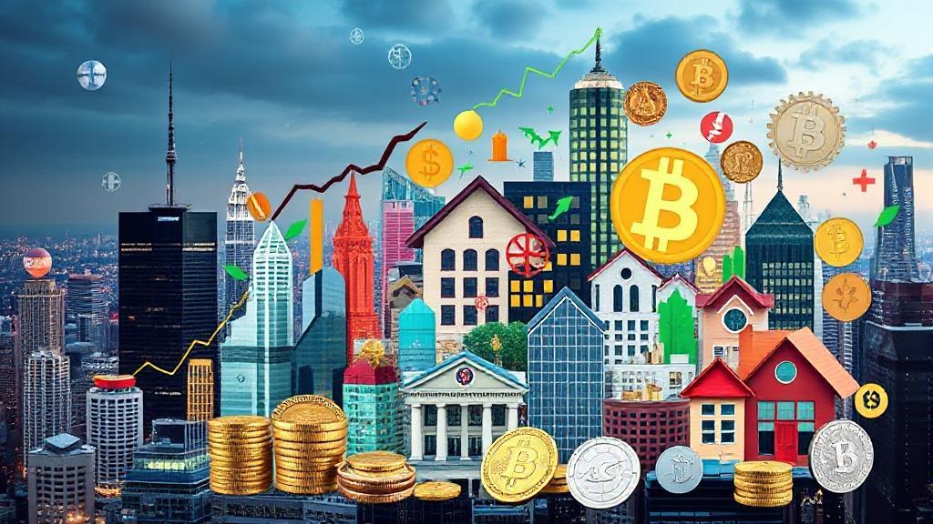 A dynamic collage of diverse investment symbols, including stocks, real estate, and digital currencies, set against a futuristic cityscape backdrop.