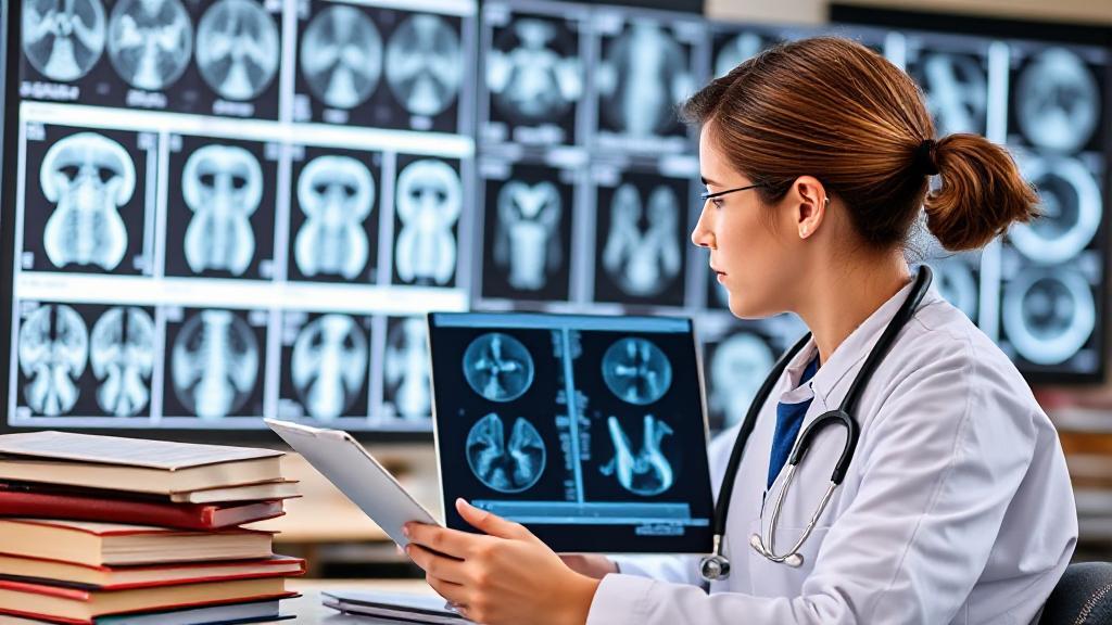 A header image depicting a medical student studying radiology scans, surrounded by textbooks and a stethoscope, symbolizing the educational journey to becoming a radiologist.