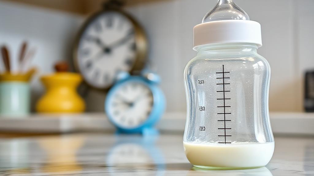 A close-up image of a baby bottle filled with formula placed on a kitchen countertop, with a clock in the background indicating the passage of time.