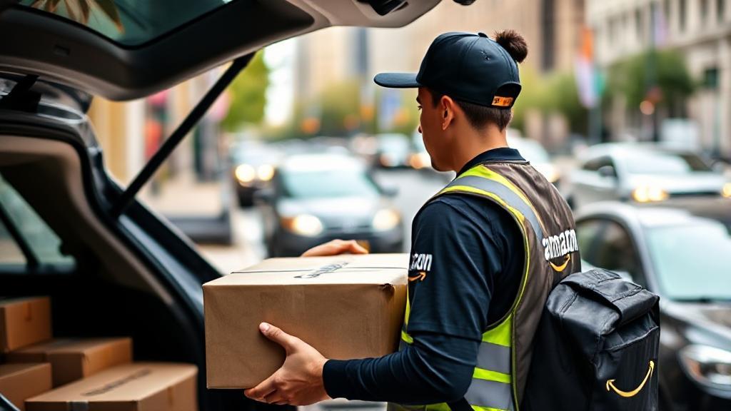 A delivery driver in an Amazon-branded vest loads packages into their car, set against a backdrop of a bustling city street.