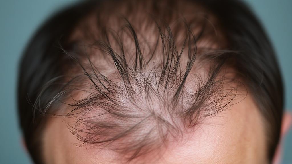 A close-up image of a man's scalp with thinning hair, highlighting the connection between testosterone levels and hair loss.